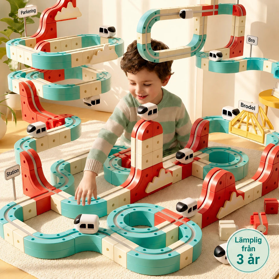 Färgglad modulär bilbana med små fordon