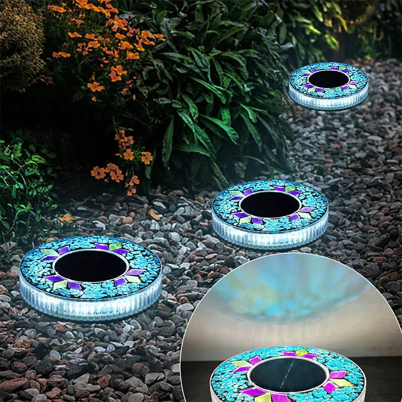 Vattentåliga solcellsdrivna LED-marklampor med mosaik