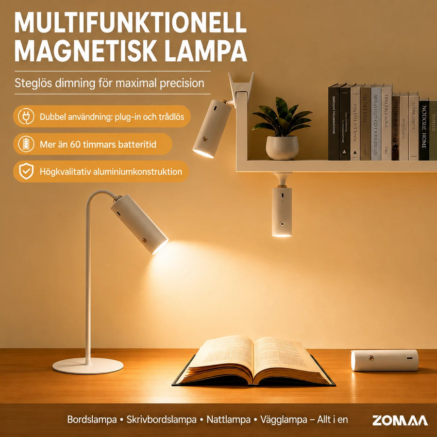 Uppladdningsbar LED-bordslampa med magnetiskt lamphuvud