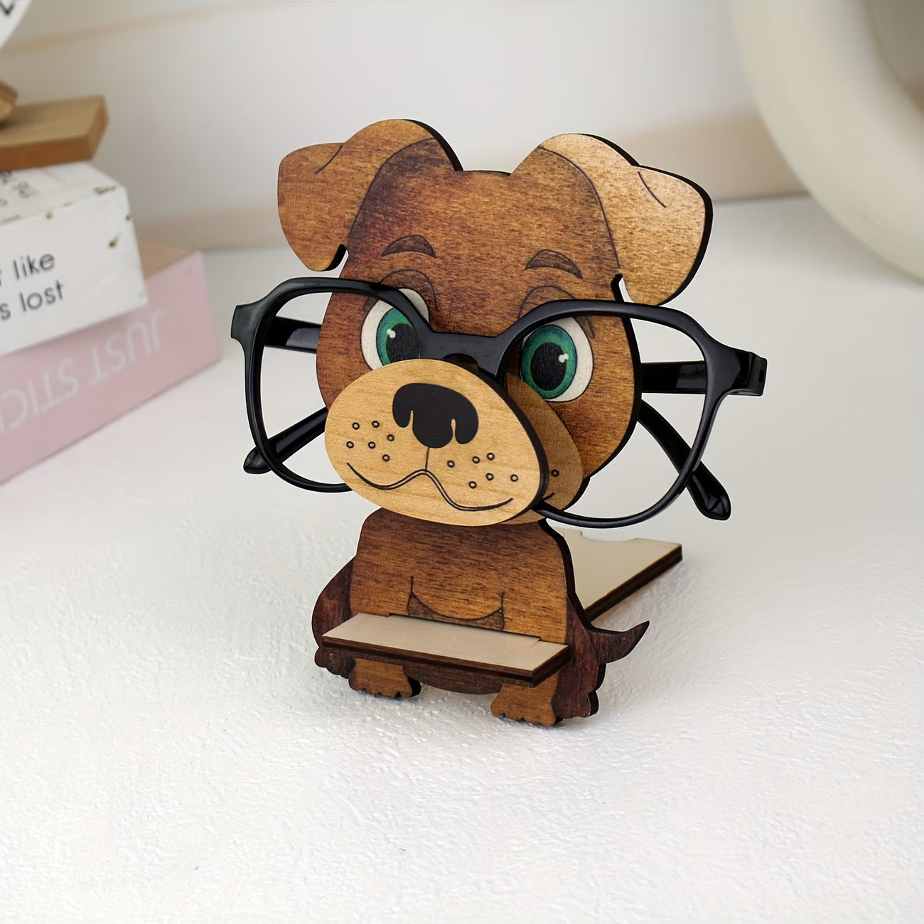 Cute Puppy Glasses Holder - No Assembly Needed, Sturdy Wooden Dog with Expressive Eyes