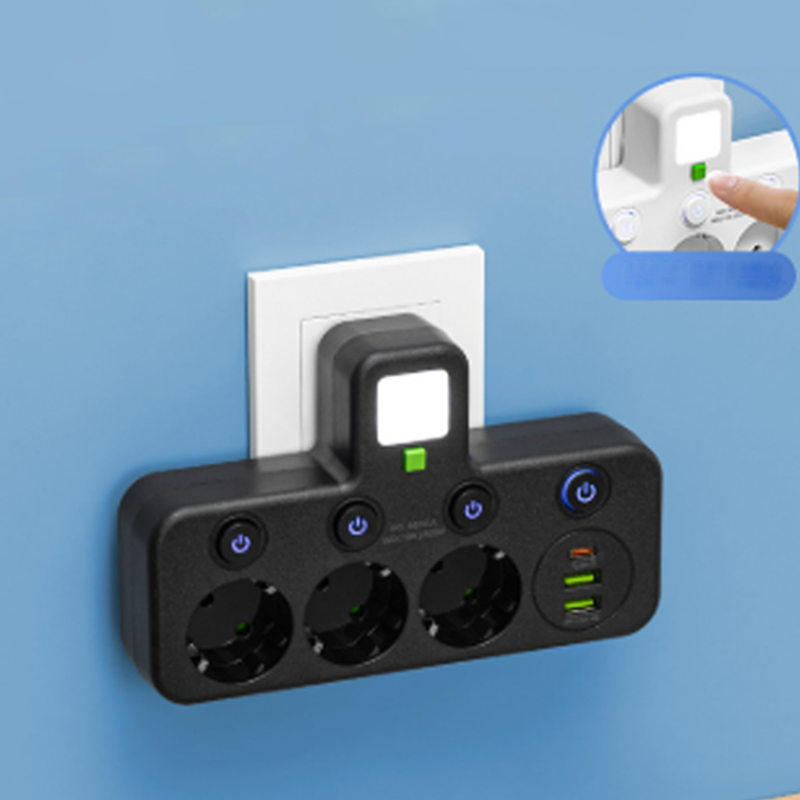 EU-kontaktadapter med 4 uttag, multiport-vägguttag med oberoende strömbrytare och liten nattljusadapter