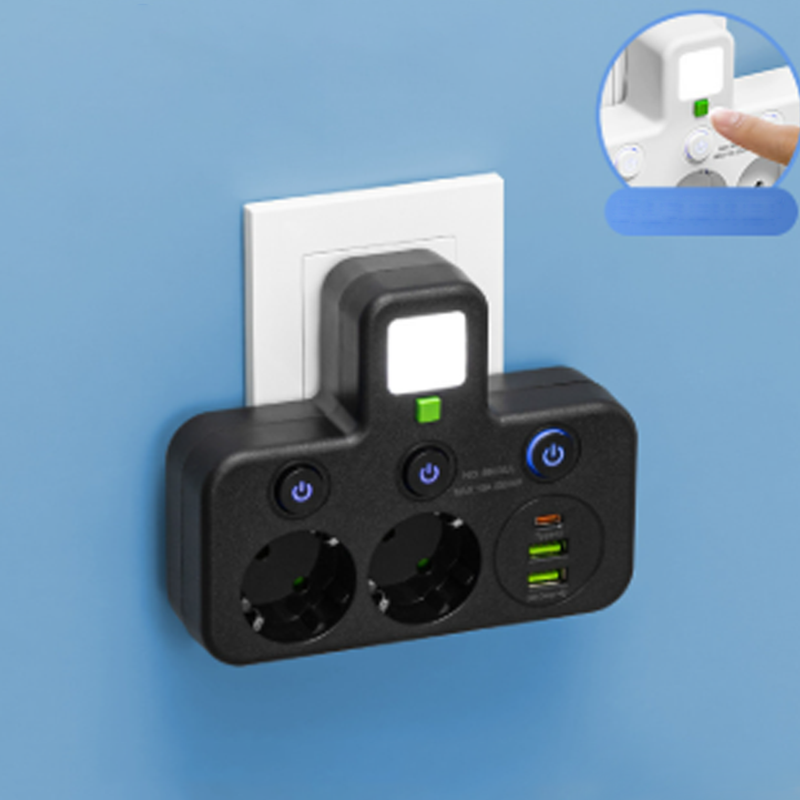 EU-kontaktadapter med 4 uttag, multiport-vägguttag med oberoende strömbrytare och liten nattljusadapter