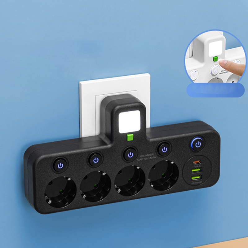EU-kontaktadapter med 4 uttag, multiport-vägguttag med oberoende strömbrytare och liten nattljusadapter